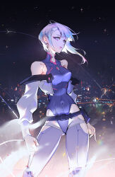 Rule 34 | 1girl, bare shoulders, belt, black belt, black bodysuit, blunt bangs, bodysuit, chin, cityscape, clenched hand, closed mouth, commentary, cyberpunk (series), cyberpunk edgerunners, english commentary, highres, jacket, light, light frown, long sleeves, lucy (cyberpunk), maosishu, multicolored hair, night, night sky, off-shoulder jacket, off shoulder, outdoors, parted bangs, pink lips, puffy long sleeves, puffy sleeves, purple eyes, rainbow hair, robot, short hair, sky, sparkle, star (sky), thighhighs, white jacket, white thighhighs, wind, wind lift