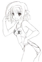 Rule 34 | 00s, 1girl, greyscale, monochrome, name tag, one-piece swimsuit, ruton-niki, school swimsuit, solo, suzumiya haruhi, suzumiya haruhi no yuuutsu, swimsuit