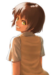 Rule 34 | 1girl, brown hair, highres, looking at viewer, looking back, ranma (kamenrideroz), short hair, simple background, smile, solo, white background, yellow eyes