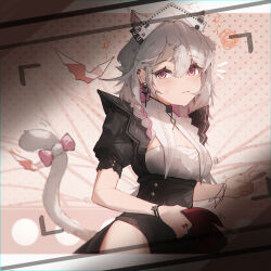 Rule 34 | 1girl, absurdres, animal ears, arknights, black dress, blush, bow, bracelet, braid, breasts, cat ears, cat girl, cat tail, cleavage, cleavage cutout, clothing cutout, cross, cross earrings, dress, earrings, extra ears, grey hair, hair between eyes, hair ornament, hairclip, highres, huajiaohaibao, jewelry, kazemaru (arknights), kazemaru (like illusion) (arknights), long hair, looking at viewer, maid, maid headdress, notice lines, official alternate costume, pink eyes, short sleeves, small breasts, solo, sweat, tail, tail bow, tail ornament, v, viewfinder