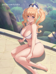 Rule 34 | 1girl, alternate breast size, aztodio, barbara (genshin impact), bare arms, bare legs, bare shoulders, barefoot, blonde hair, blue eyes, breasts, cleavage, commentary, drill hair, genshin impact, large breasts, long hair, looking at viewer, navel, outdoors, parted lips, patreon username, sitting, solo, stomach, thighs, tree, twin drills, twintails, white headwear