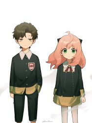 Rule 34 | 1boy, 1girl, absurdres, aged up, ahoge, anya (spy x family), arms at sides, black pants, brown hair, brown necktie, child, collared shirt, damian desmond, dress, ducartoon, eden academy school uniform, feet out of frame, frown, green eyes, hairpods, hand in pocket, highres, long hair, long sleeves, looking at viewer, necktie, pants, pink hair, school uniform, shirt, short hair, simple background, spy x family, thighhighs, white background, white thighhighs