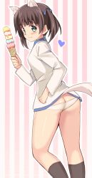 Rule 34 | 10s, 1girl, animal ears, ass, bad id, bad twitter id, black hair, blue eyes, blush, brave witches, brown hair, butt crack, cat ears, cat tail, cowboy shot, food, georgette lemare, glastonbury1966, hair ribbon, heart, holding, ice cream, ice cream cone, long hair, long sleeves, military, military uniform, outline, panties, ribbon, smile, solo, strike witches, striped, striped background, tail, too many, twintails, underwear, uniform, vertical stripes, white panties, world witches series