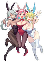 Rule 34 | + +, 3girls, ahoge, animal ears, armpits, bare shoulders, black footwear, black leotard, black pantyhose, blonde hair, blush, bow, bowtie, breasts, brown pantyhose, character request, cleavage, colored inner hair, covered navel, dark-skinned female, dark skin, detached collar, fake tail, fang, green eyes, grin, groin, hairband, high heels, highres, kanan-sama wa akumade choroi, kanan (kanan-sama), large breasts, leotard, lips, looking at viewer, multicolored hair, multiple girls, nonco, open mouth, outstretched arm, pantyhose, pink hair, playboy bunny, pointy ears, rabbit ears, rabbit tail, red footwear, red leotard, second-party source, sidelocks, simple background, skin fang, slit pupils, smile, tail, teeth, thighhighs, upper teeth only, white background, white footwear, white leotard, white thighhighs, wrist cuffs, yellow eyes