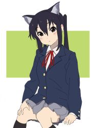 Rule 34 | 1girl, animal ear hairband, animal ears, black hair, black hairband, black socks, blazer, blush, brown eyes, cat ear hairband, cat ears, closed mouth, collared shirt, fake animal ears, feet out of frame, green background, grey skirt, hairband, hand on own leg, highres, invisible chair, jacket, k-on!, kneehighs, long hair, long sleeves, looking at viewer, nakano azusa, neck ribbon, piezo, pleated skirt, red ribbon, ribbon, sakuragaoka high school uniform, school uniform, shirt, simple background, sitting, skirt, socks, solo, twintails, two-tone background, white background, white shirt