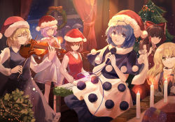 Rule 34 | 6+girls, :d, ascot, bare shoulders, black bow, black capelet, black dress, black skirt, black vest, blonde hair, blue eyes, blue hair, bow, braid, breasts, brown eyes, brown hair, candle, capelet, christmas tree, closed eyes, commentary, curtains, detached sleeves, doremy sweet, dress, feet out of frame, frilled bow, frills, grin, hair between eyes, hair bow, hair tubes, hakurei reimu, hand up, hat, highres, holding, holding instrument, holding microphone, holding violin, indoors, instrument, keyboard (instrument), kirisame marisa, kita (kitairoha), light particles, long hair, long sleeves, looking at viewer, lunasa prismriver, lyrica prismriver, medium breasts, merlin prismriver, microphone, multicolored clothes, multicolored dress, multiple girls, music, no headwear, one eye closed, open mouth, playing instrument, pom pom (clothes), purple eyes, purple hair, red bow, red skirt, red vest, santa hat, shirt, short hair, siblings, sidelocks, single braid, sisters, skirt, skirt set, smile, standing, table, touhou, trumpet, vest, violin, white dress, white shirt, wide sleeves, window, wreath, yellow ascot, yellow eyes