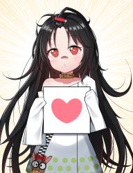 Rule 34 | 1girl, absurdres, aged down, animal print, bandaid, bandaid on face, bandaid on nose, bangs pinned back, black hair, blush, c-ms (girls&#039; frontline), c-ms (the wonderful adventures of goose) (girls&#039; frontline), closed mouth, collarbone, commentary, cow print, dress, emphasis lines, english commentary, girls&#039; frontline, hair between eyes, heart, highres, holding, long hair, long sleeves, looking at viewer, off shoulder, official alternate costume, oversized clothes, red eyes, simple background, sleeves past fingers, sleeves past wrists, solo, starfox1015, very long hair, white background, white dress
