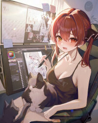 Rule 34 | 1girl, @ @, absurdres, black shirt, blush, breasts, cat, chair, cleavage, clock, collarbone, drawing tablet, hair between eyes, hair ribbon, heterochromia, highres, holding, holding stylus, hololive, houshou marine, houshou marine (1st costume), indoors, kudou (sikisiki0000), large breasts, long hair, looking at viewer, office chair, open mouth, red eyes, red hair, ribbon, shiranui flare, shiranui flare (1st costume), shirogane noel, shirogane noel (1st costume), shirt, sitting, sleeveless, sleeveless shirt, solo, sticky note, stylus, sweat, swivel chair, tears, twintails, usada pekora, usada pekora (1st costume), virtual youtuber, wall clock, yellow eyes