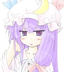 Rule 34 | 1girl, :o, blunt bangs, blush, collarbone, expressionless, female focus, frills, hat, jitome, looking at viewer, lowres, mob cap, open mouth, patchouli knowledge, purple eyes, purple hair, solo, touhou