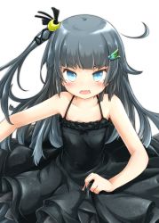 Rule 34 | 1girl, akino coto, black dress, black hair, blue eyes, blush, dress, fang, hair ornament, hairclip, highres, long hair, looking at viewer, md5 mismatch, open mouth, original, resolution mismatch, side ponytail, simple background, solo, source larger