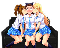 Rule 34 | 3girls, blonde hair, blush, brown eyes, brown hair, cheek kiss, closed eyes, constricted pupils, couch, double cheek kiss, girl sandwich, hand on another&#039;s thigh, hand on thigh, hoshii miki, idolmaster, idolmaster (classic), kiss, kissing cheek, legs, minase iori, multiple girls, necktie, nishi (count2.4), plaid, plaid necktie, plaid neckwear, plaid skirt, rough time school, sandwiched, school uniform, skirt, takatsuki yayoi, twintails, uniform, yuri