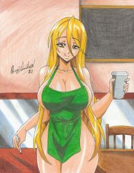 Rule 34 | 1girl, 2021, absurdres, apron, blonde hair, breasts, chair, cleavage, coffee, commission, green apron, highres, highschool of the dead, holding, holding pen, indoors, large breasts, licking lips, long hair, marikawa shizuka, naked apron, pen, ravernclouk design, solo, table, thick thighs, thighs, tongue, tongue out, very long hair, yellow eyes