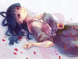Rule 34 | 1girl, blue dress, blue eyes, blue hair, commentary, curly hair, dress, flower, hagoromo, hair rings, lipstick, looking up, lying, m (neteitai10), makeup, medium hair, on back, one-hour drawing challenge, open clothes, open vest, petals, pink flower, shawl, signature, solo, touhou, upper body, vest, white vest
