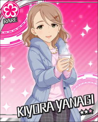 Rule 34 | 10s, 1girl, artist request, brown hair, card (medium), character name, coffee, earrings, flower (symbol), green eyes, hair ornament, hairclip, idolmaster, idolmaster cinderella girls, jewelry, necklace, official art, pants, solo, sparkle, wavy hair, winter clothes, yanagi kiyora