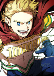 Rule 34 | 2boys, best jeanist, blonde hair, blue eyes, bodysuit, boku no hero academia, bright pupils, cape, close-up, fighting stance, highres, male focus, multiple boys, muscular, muscular male, pectorals, qina (qinazuma tno), red cape, short hair, smile, spiked hair, tnoqina, togata mirio, white bodysuit