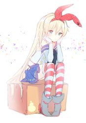 Rule 34 | 10s, 1girl, blonde hair, blue eyes, blush, boots, cherinova, elbow gloves, frown, full body, gloves, grey footwear, hair ribbon, hairband, head rest, kantai collection, long hair, pleated skirt, ribbon, sailor collar, shimakaze (kancolle), sitting, skirt, solo, striped clothes, striped thighhighs, thighhighs, very long hair, white background, white gloves