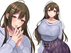 Rule 34 | 1girl, :d, argyle, argyle clothes, argyle sweater, blush, breasts, brown eyes, brown hair, collarbone, eryu kamemura, fingers together, half-closed eyes, high-waist skirt, highres, huge breasts, idolmaster, idolmaster shiny colors, kuwayama chiyuki, large breasts, long hair, looking at viewer, multiple views, nail polish, open mouth, own hands together, plaid, plaid skirt, simple background, skirt, smile, straight hair, sweater, upper body, very long hair, white background