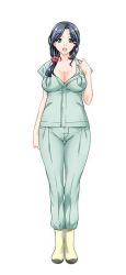 Rule 34 | 1girl, black hair, boots, breasts, censored, cleavage, complets, green eyes, hachibe kasumi, large breasts, lowres, nurse, pants, shirt, side ponytail, the guts! -maximum maternity-