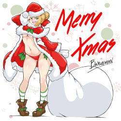 Rule 34 | 1girl, ;d, arm up, artist name, bayeuxman, blonde hair, braid, braided bun, breasts, brown footwear, capelet, christmas, coat, commentary, english commentary, english text, fang, fate/extra, fate/grand order, fate (series), french braid, full body, fur-trimmed capelet, fur-trimmed coat, fur-trimmed headwear, fur trim, gift bag, green eyes, hair bun, hair ribbon, hat, highres, holding, holding sack, holly, looking at viewer, medium breasts, meme, merry christmas, mistletoe, navel, nero claudius (fate), nero claudius (fate) (all), nero claudius (fate/extra), one eye closed, open clothes, open coat, open mouth, padoru (meme), panties, pigeon-toed, pom pom (clothes), red capelet, red coat, red hat, red panties, red ribbon, revealing clothes, ribbon, sack, santa costume, santa hat, shoes, simple background, smile, socks, solo, standing, striped clothes, striped socks, text focus, underboob, underwear, white background, wink