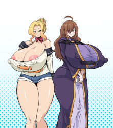Rule 34 | 2girls, ahemaru, areola slip, ass, blonde hair, blush, breasts, brown eyes, brown hair, cleavage, covered erect nipples, curvy, gigantic breasts, henriiku (ahemaru), huge ass, huge nipples, large areolae, long hair, looking at viewer, multiple girls, one eye covered, pants, puffy nipples, ribbon, robe, shiny skin, smile, standing, thick thighs, thighs, tight clothes, wide hips