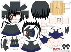 Rule 34 | 10s, 1girl, another, artist name, black hair, character name, chibi, el joey, eyepatch, highres, misaki mei, paper cutout, papercraft, red eyes, school swimsuit, school uniform, solo, swimsuit, watermark, web address