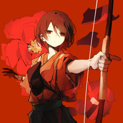 Rule 34 | 1girl, absurdres, archery, arm held back, black eyes, black gloves, black hair, black skirt, bow (weapon), closed mouth, cowboy shot, expressionless, floating hair, flower, gloves, hair between eyes, half-closed eyes, highres, holding, holding bow (weapon), holding weapon, index finger raised, japanese clothes, kimono, kyuudou, limited palette, mani mani (vocaloid), muneate, partially fingerless gloves, partly fingerless gloves, petals, red theme, short hair, single glove, skirt, sleeves rolled up, solo, swept bangs, vocaloid, watanabe (seizouhanbai), weapon, yugake