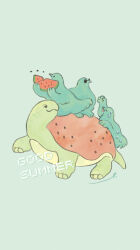Rule 34 | animal, animal focus, bird, commentary request, dated commentary, eating, english text, food, fruit, green background, highres, holding, holding food, holding fruit, no humans, original, partial commentary, signature, simple background, summer, sunglasses, sweat, terao (omelettera), tongue, tongue out, turtle, watermelon, watermelon seeds, watermelon slice
