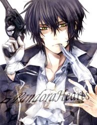 Rule 34 | 00s, 1boy, black hair, bow, bowtie, coat, copyright name, formal, gilbert nightray, gloves, gun, male focus, pandora hearts, removing glove, shaded face, shina-love, short hair, solo, trench coat, weapon, yellow eyes
