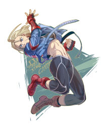 Rule 34 | 1girl, abs, absurdres, blonde hair, blue eyes, blue jacket, cammy white, cropped jacket, fingerless gloves, gloves, highres, jacket, jumping, muscular, muscular female, pants, red footwear, short hair, solo, street fighter, street fighter 6, tight clothes, tight pants, toned, yoga pants, yuiofire