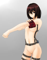 Rule 34 | 1girl, aiovia, armband, belt, blush, breasts, brown eyes, brown hair, buckle, female focus, gradient background, grey background, hand on own arm, looking at viewer, mikasa ackerman, nipples, nude, outstretched arm, pussy, shingeki no kyojin, short hair, solo, standing, strap, thigh strap, uncensored