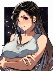Rule 34 | 1girl, adapted costume, arms under breasts, bare shoulders, black hair, blush, breasts, closed mouth, crop top, crossed arms, earrings, final fantasy, final fantasy vii, final fantasy vii remake, highres, jewelry, large breasts, long hair, looking at viewer, red eyes, smile, solo, tank top, temoc, tifa lockhart