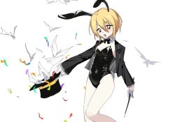 Rule 34 | 1girl, animal ears, bird, black hat, black jacket, black leotard, blonde hair, blush, breasts, detached collar, don quixote (project moon), dove, gloves, hat, highres, holding, holding clothes, holding hat, jacket, leotard, limbus company, long sleeves, looking at viewer, magician, nishiirei9522, open mouth, playboy bunny, project moon, rabbit ears, rabbit tail, short hair, small breasts, smile, solo, tail, top hat, unworn hat, unworn headwear, white gloves, wing collar, yellow eyes