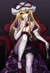 Rule 34 | 1girl, absurdres, armchair, blonde hair, breasts, chair, cleavage, closed mouth, collarbone, dress, elbow gloves, frilled dress, frills, gloves, hair between eyes, hat, hat ribbon, highres, kyogoku-uru, large breasts, lips, long hair, looking at viewer, mob cap, pantyhose, puffy short sleeves, puffy sleeves, purple dress, purple eyes, red footwear, red ribbon, ribbon, shoes, short sleeves, simple background, sitting, smile, solo, touhou, white gloves, white hat, white pantyhose, yakumo yukari