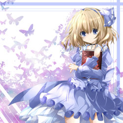 Rule 34 | 1girl, alice margatroid, alice margatroid (pc-98), alternate costume, bad id, bad pixiv id, blonde hair, blue eyes, book, bug, butterfly, choker, cross, dress, female focus, hair ribbon, hairband, insect, long sleeves, mystic square, nanase nao, ribbon, solo, touhou, touhou (pc-98)