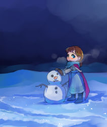 Rule 34 | 1girl, aged down, anna (frozen), child, frozen (disney), gradient background, mittens, murai shinobu, scarf, snow, snowman, solo, standing, winter