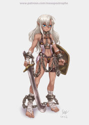 Rule 34 | 2022, bandages, barefoot, battle scarred, blank eyes, blue eyes, chain, cuffs, elf, fantasy, flowing curved sword, grey hair, holding, holding shield, holding sword, holding weapon, leather, lettanya (maxa&#039;), lock, maxa&#039;, original, pointy ears, scar, shackles, shield, slave, slave tattoo, solo, sword, tan, tattoo, weapon, white background
