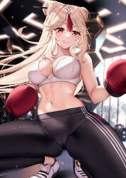 Rule 34 | 1girl, bare arms, bare shoulders, black pants, boxing gloves, breasts, commentary, crop top, genshin impact, gloves, grin, hair ornament, hair stick, highres, indoors, large breasts, leggings, long hair, looking at viewer, midriff, ningguang (genshin impact), orange eyes, pants, red gloves, shoes, smile, solo, sports bra, squatting, squchan, stomach, thighs, very long hair, white footwear, white hair