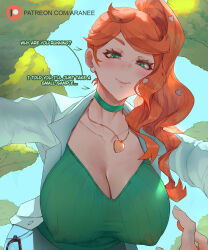 Rule 34 | 1boy, 1girl, araneesama, blue sky, breasts, choker, cleavage, collarbone, covered erect nipples, creatures (company), forest, from below, game freak, green choker, green eyes, hair ornament, heart, heart hair ornament, heart necklace, hetero, highres, huge breasts, jewelry, lab coat, looking at viewer, nature, necklace, nintendo, nipples, orange hair, pokemon, pokemon swsh, pov, side ponytail, sky, sonia (pokemon)