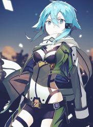 Rule 34 | 10s, 1girl, anti-materiel rifle, belt, blue eyes, blue hair, breasts, film grain, fingerless gloves, fuotchan, gloves, gun, hair ornament, hairclip, handgun, highres, holding, holding weapon, holster, jacket, looking at viewer, matching hair/eyes, medium breasts, outdoors, pistol, rifle, scarf, short hair, short shorts, shorts, sinon, sky, sniper rifle, solo, standing, sword art online, texture, thighhighs, weapon