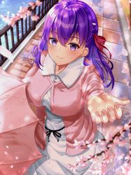 Rule 34 | 1girl, absurdres, blush, branch, breasts, cherry blossoms, closed mouth, collarbone, collared dress, crossed bangs, dress, fate/stay night, fate (series), flower, from above, hair between eyes, hair ribbon, heaven&#039;s feel, highres, large breasts, long hair, long sleeves, looking at viewer, matou sakura, official alternate costume, outdoors, outstretched hand, petals, pink sweater, pink umbrella, purple eyes, purple hair, red ribbon, ribbon, smile, solo, sweater, toukan, umbrella, water, white dress