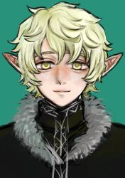 1boy black_shirt blonde_hair dungeon_meshi elf fur_collar green_background high_collar highres looking_at_viewer male_focus mithrun&#039;s_brother nigari512 pointy_ears shirt short_hair simple_background smile solo upper_body wavy_hair yellow_eyes