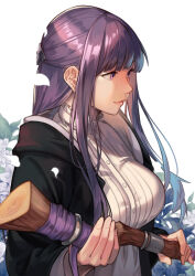 Rule 34 | 1girl, black robe, blunt bangs, capelet, dress, fern (sousou no frieren), flower, hinoru saikusa, holding, holding staff, looking to the side, mage staff, purple eyes, purple hair, robe, sousou no frieren, staff, straight hair, white background, white capelet, white dress