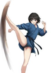 1girl amagami barefoot black_eyes black_hair black_panties blue_kimono dougi fighting_stance gluteal_fold gyuunyuu_pack_(tanaka) high_kick highres japanese_clothes judo kicking kimono leg_up long_sleeves looking_at_viewer nanasaki_ai open_mouth panties pantyshot short_hair short_kimono solo speed_lines split standing standing_on_one_leg standing_split thighs underwear