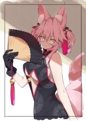Rule 34 | 1girl, absurdres, animal ears, bare shoulders, black dress, black gloves, breasts, center opening, china dress, chinese clothes, dress, fate/grand order, fate (series), folding fan, fox ears, fox tail, glasses, gloves, grin, hand fan, highres, koyanskaya (chinese lostbelt outfit) (fate), koyanskaya (fate), laika (sputnik2nd), large breasts, long hair, looking at viewer, looking to the side, pink hair, sleeveless, sleeveless dress, smile, solo, tail, underwear, yellow eyes