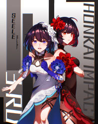 Rule 34 | 2girls, :d, absurdres, ahoge, bare shoulders, blue eyes, blue gloves, blue hair, breasts, character name, china dress, chinese clothes, commentary, dress, dual persona, flower, gloves, hair flower, hair ornament, highres, honkai (series), honkai impact 3rd, looking at viewer, lorust, medium breasts, multiple girls, open mouth, parted lips, red dress, red eyes, red flower, red hair, seele (alter ego), seele vollerei, seele vollerei (stygian nymph), short hair, single glove, smile, symbol-only commentary, white dress, white flower