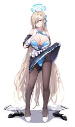 Rule 34 | 1girl, alternate costume, apron, asuna (blue archive), blue archive, blue eyes, blush, bow, bowtie, breasts, clothes lift, ddangbi, detached collar, dress, elbow gloves, enmaided, frills, gloves, hair over one eye, hair ribbon, halo, high heels, highres, large breasts, leotard, leotard under clothes, light brown hair, long hair, looking at viewer, maid, maid apron, mole, mole on breast, official alternate costume, pantyhose, ribbon, simple background, skirt, skirt lift, smile, solo, swept bangs, white apron, white gloves