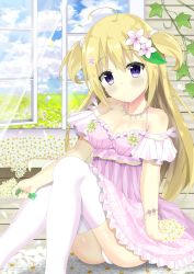 Rule 34 | 1girl, 7 calpis 7, ahoge, bare shoulders, blonde hair, blush, bracelet, breasts, cleavage, day, flower, hair flower, hair ornament, highres, jewelry, leaf, long hair, looking at viewer, medium breasts, necklace, original, panties, pantyshot, purple eyes, short twintails, sitting, solo, thighhighs, thighs, twintails, two side up, underwear, white panties, white thighhighs, window