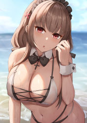 Rule 34 | 1girl, :o, absurdres, azur lane, bad id, bad pixiv id, bare shoulders, beach, bikini, black bow, black bowtie, blurry, blurry background, bow, bowtie, breasts, brown hair, cleavage, covered erect nipples, cowboy shot, day, depth of field, detached collar, hair ornament, hand up, highres, horizon, kanata (kanade pa), large breasts, leaning forward, long hair, maid headdress, navel, ocean, official alternate costume, open mouth, outdoors, red eyes, see-through, solo, swiftsure (azur lane), swiftsure (midsummer special service) (azur lane), swimsuit, water drop, wet, white bikini, wrist cuffs, x hair ornament