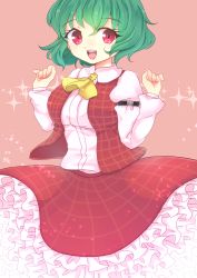 Rule 34 | ascot, banpeiyu, breasts, commentary request, eyelashes, frilled skirt, frills, green hair, happy, juliet sleeves, kazami yuuka, long sleeves, medium breasts, open mouth, plaid, plaid skirt, puffy sleeves, red eyes, red skirt, red vest, shirt, short hair, skirt, sleeve garter, teeth, touhou, upper teeth only, vest, white shirt, yellow ascot