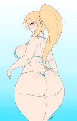 Rule 34 | 1girl, ass, blonde hair, blue background, blue eyes, breasts, butt crack, eyelashes, gradient background, highres, huge ass, large breasts, long hair, looking back, metroid, mole, mole under mouth, nintendo, okioppai, samus aran, sideboob, signature, skindentation, solo, swimsuit, thick thighs, thighs, wide hips